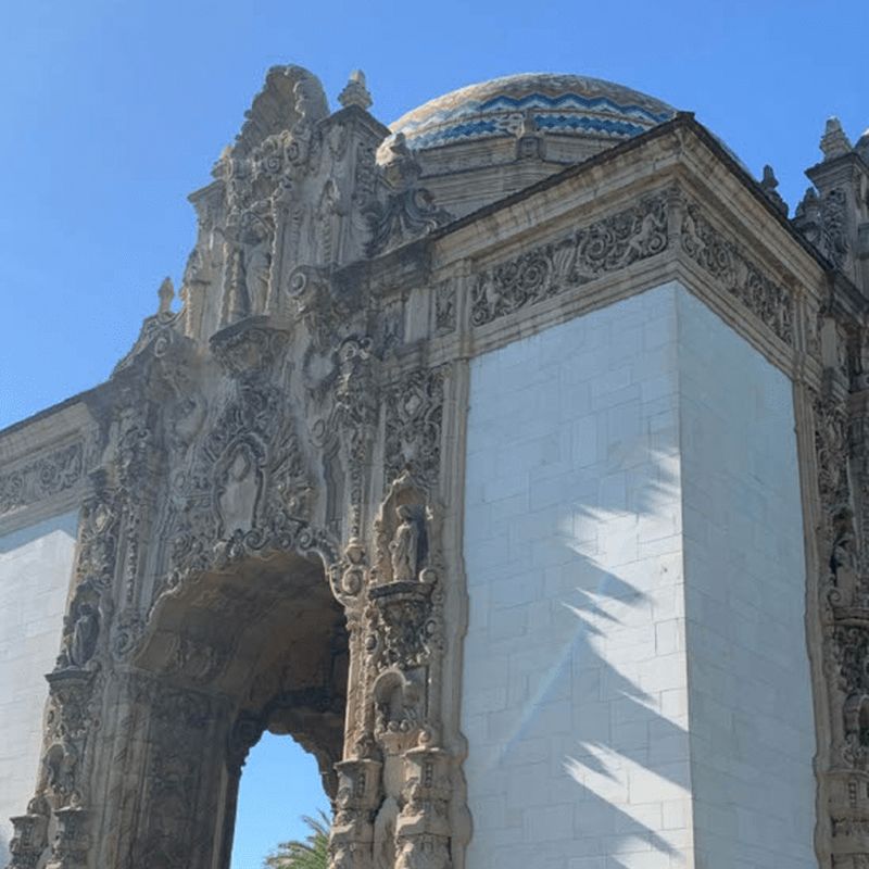 Ornate historic Spanish colonial revival building surveyed for hazardous building materials before restoration.